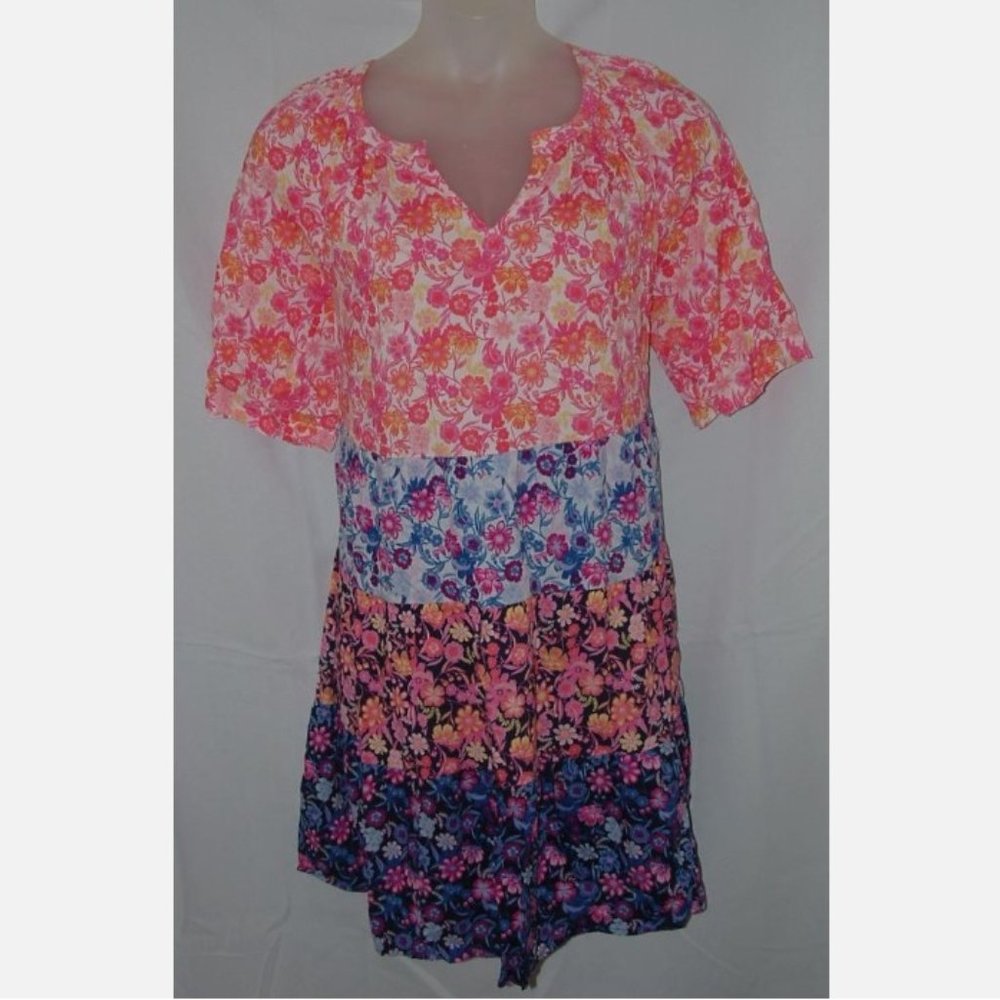LIKE NEW Colorful Floral Plus Sz 14 Cotton Tiered Knee Length Dress Side Pockets